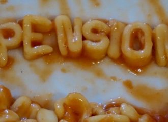 The word Pension written in alphabet pasta