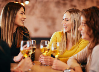 Group of women drinking wine and laughing